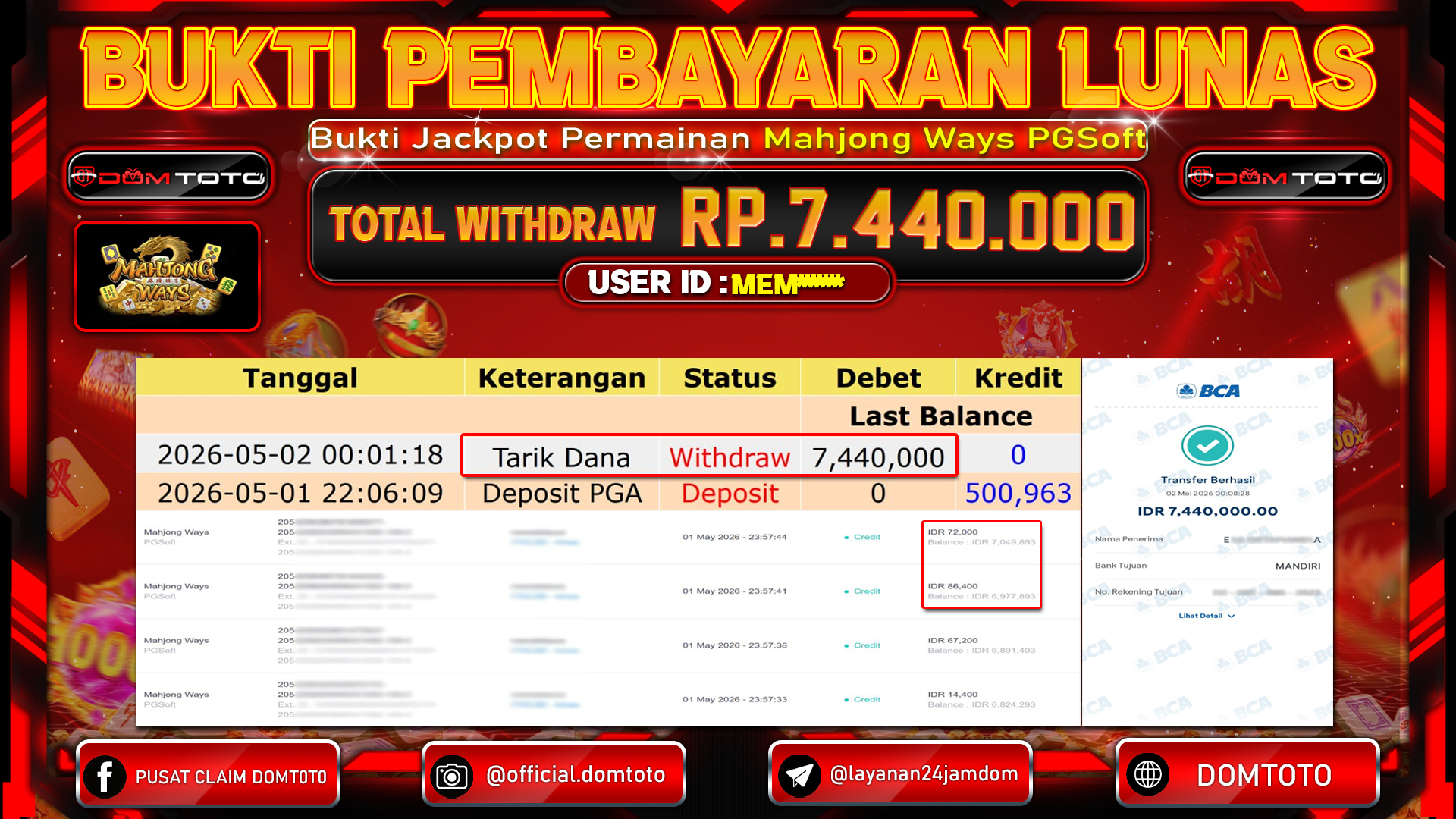 JACKPOT SLOT Mahjong Ways PGSoft 01 MAY 2026